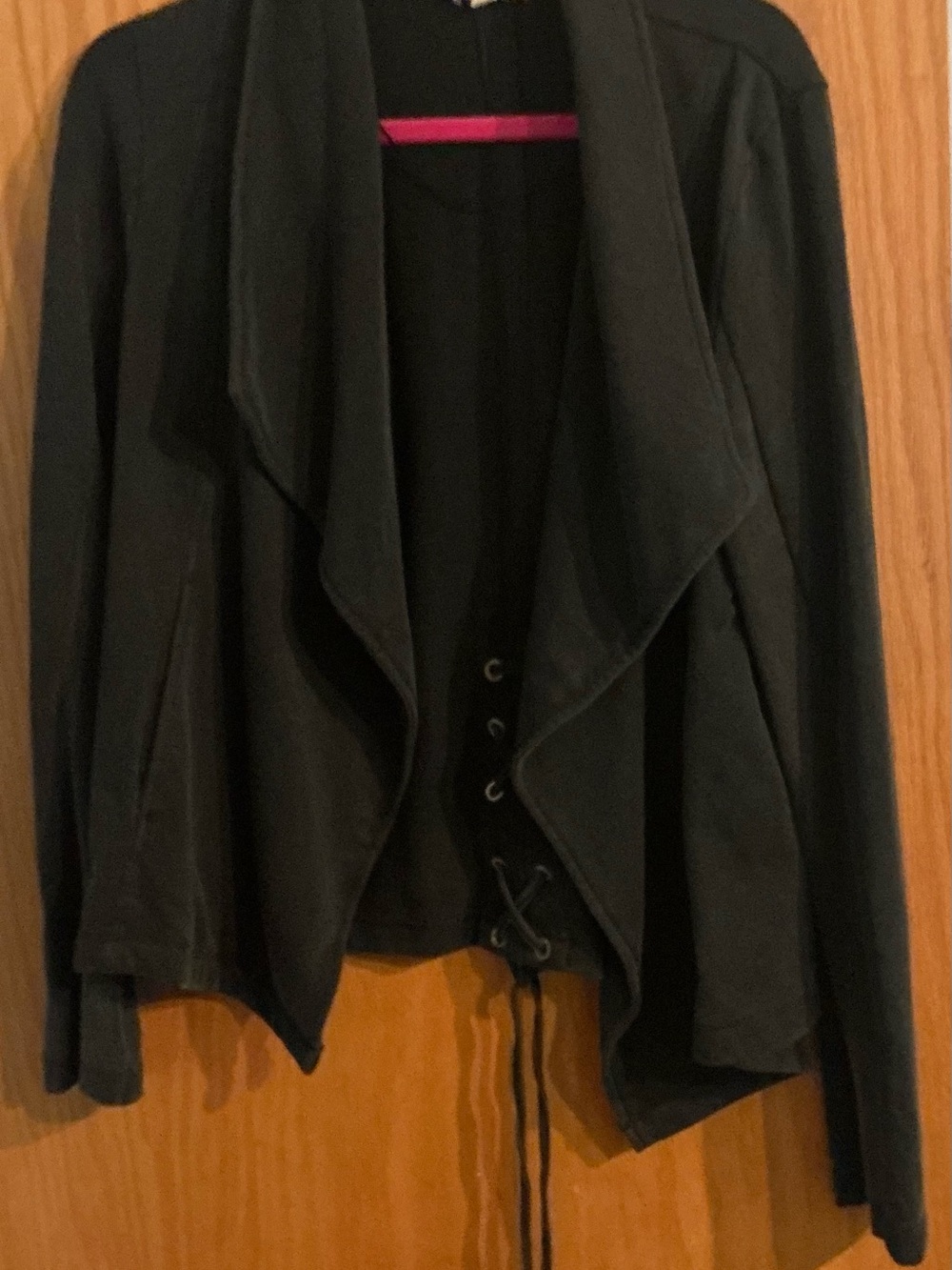 Mystree Women's Black Open-Front Draped Jacket with Lace-Up Back